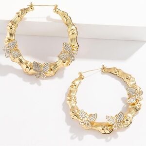 Butterfly bamboo gold large hoop earrings with crystal butterflies